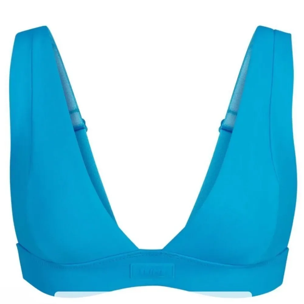 NWT SKIMS Signature Swim Plunge Bikini Top In Turquoise Blue Support Bikini Top